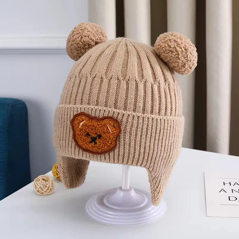 Wool baby hat, with ear protection dear teddy bear