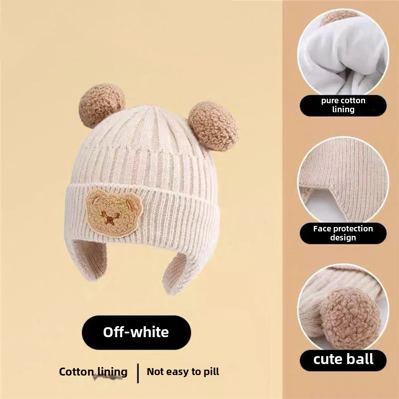 Wool baby hat, with ear protection dear teddy bear