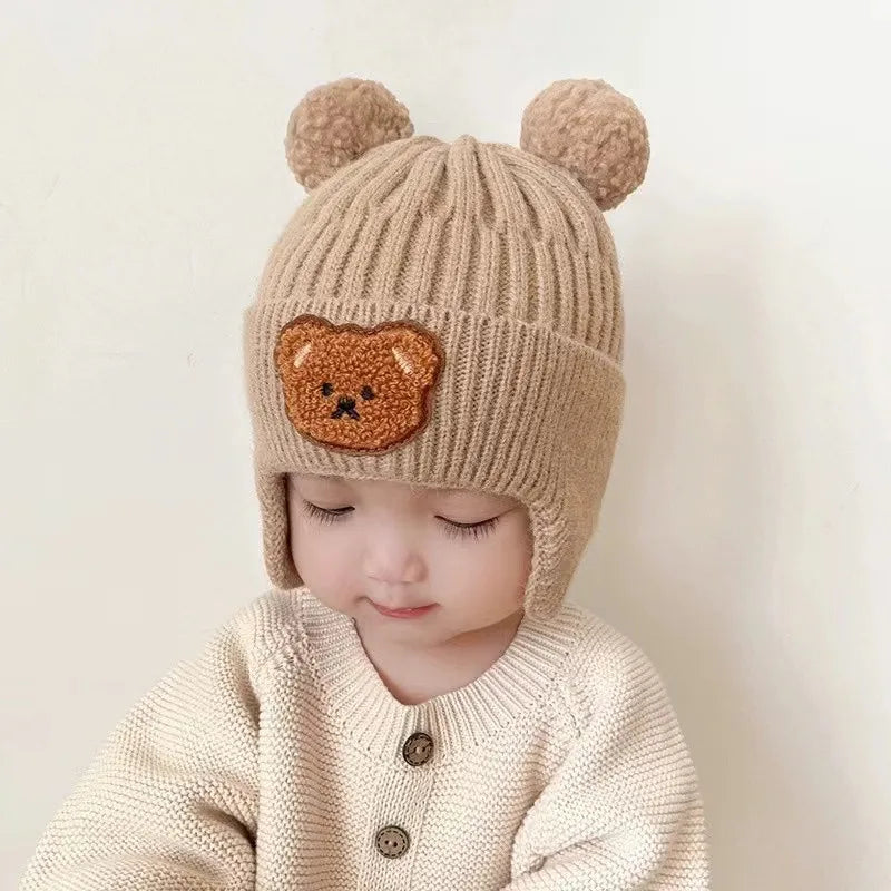 Wool baby hat, with ear protection dear teddy bear