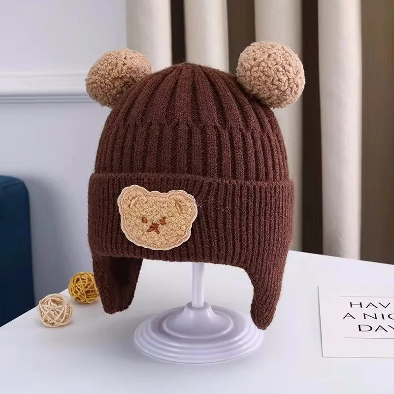 Wool baby hat, with ear protection dear teddy bear