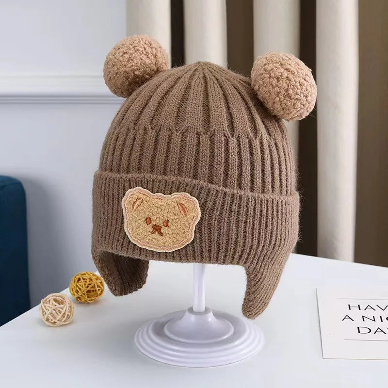 Wool baby hat, with ear protection dear teddy bear